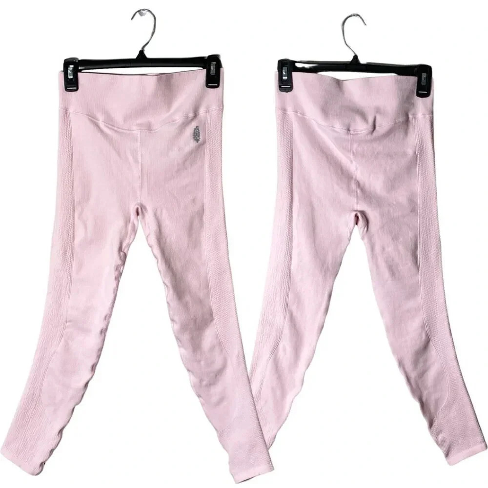 FP Movement Free People Women's M/L Ribbed Stretch Workout Leggings Baby Pink